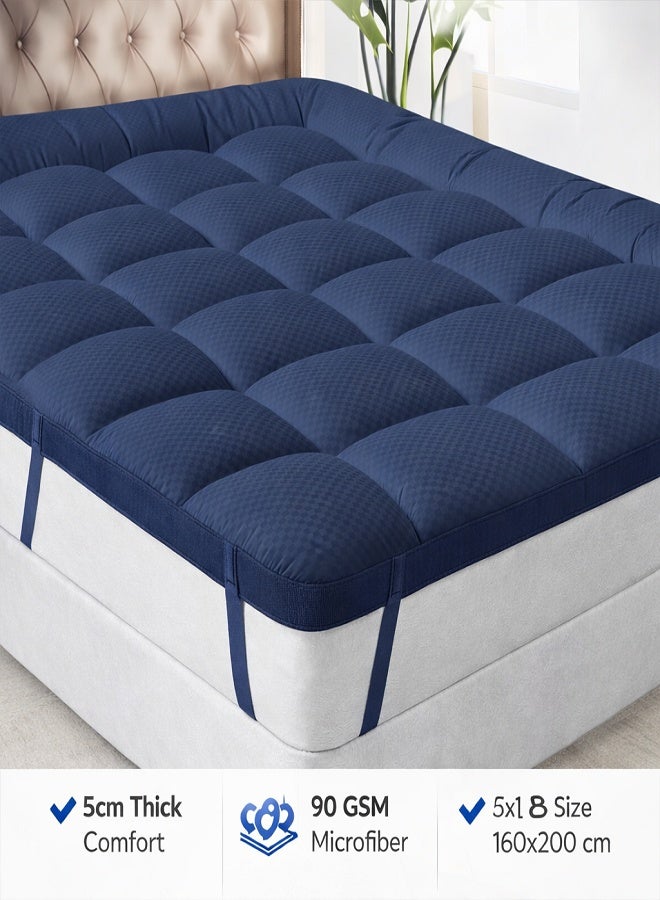 DORMICO Microfiber Mattress Topper 5cm Thick 160x200 cm King Size Quilted Soft Bed Protector with Elastic Straps Navy Blue - Image 1